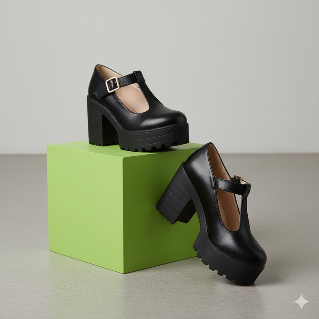Damen T-Steg Pumps | Retro Stil mit Blockabsatz & Schnalle