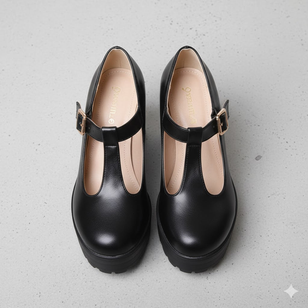 Damen T-Steg Pumps | Retro Stil mit Blockabsatz & Schnalle