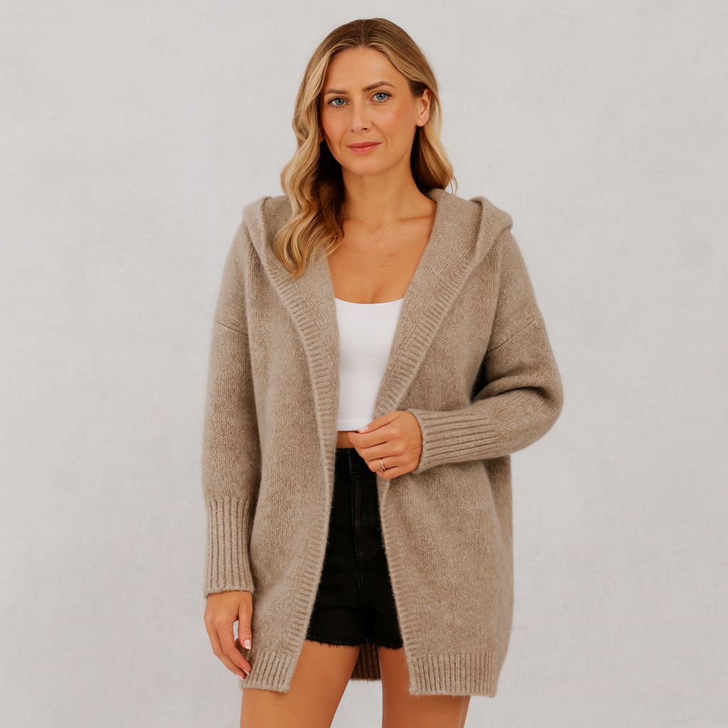Langer Damen Strickjacke mit Kapuze | Herbst Winter
