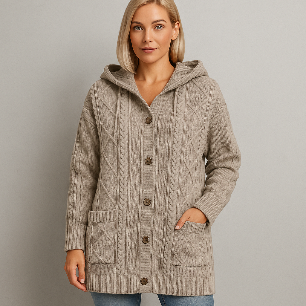 Langer Damen Strickmantel mit Kapuze | Elegant & Warm für Herbst/Winter
