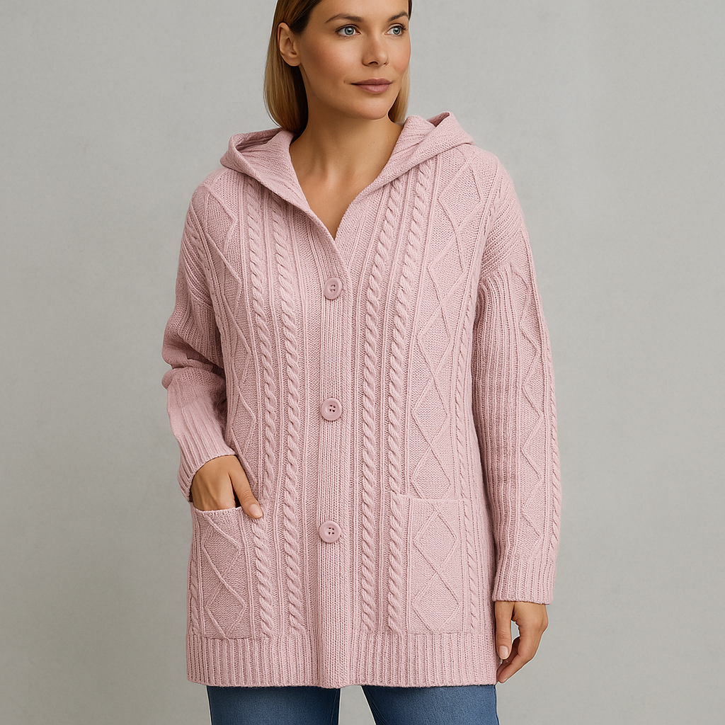 Langer Damen Strickmantel mit Kapuze | Elegant & Warm für Herbst/Winter