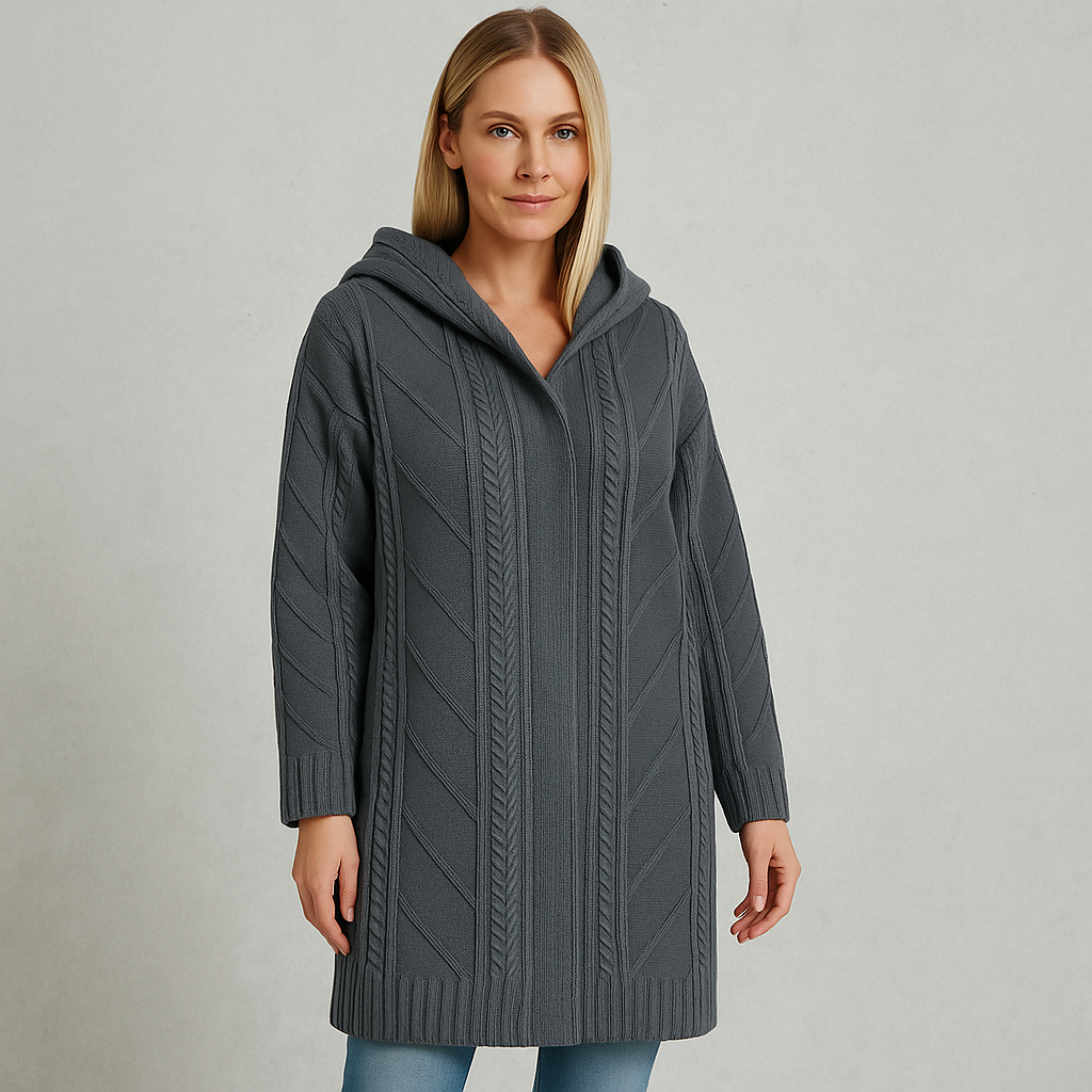 Langer Damen Strickmantel mit Kapuze | Elegant & Warm für Herbst/Winter