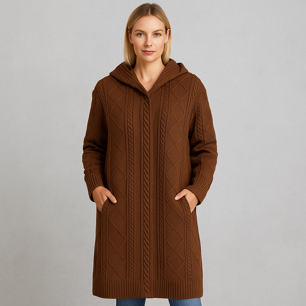 Langer Damen Strickmantel mit Kapuze | Elegant & Warm für Herbst/Winter