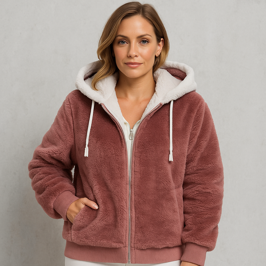 Kuschelige Damen Plüschjacke mit Kapuze und Reißverschluss | Winter