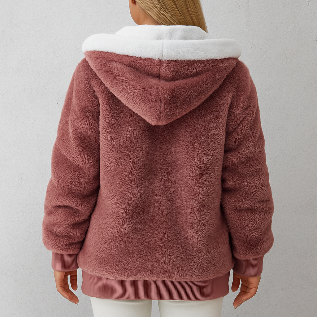 Kuschelige Damen Plüschjacke mit Kapuze und Reißverschluss | Winter