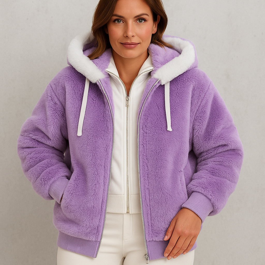 Kuschelige Damen Plüschjacke mit Kapuze und Reißverschluss | Winter