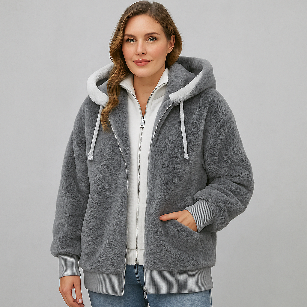 Kuschelige Damen Plüschjacke mit Kapuze und Reißverschluss | Winter
