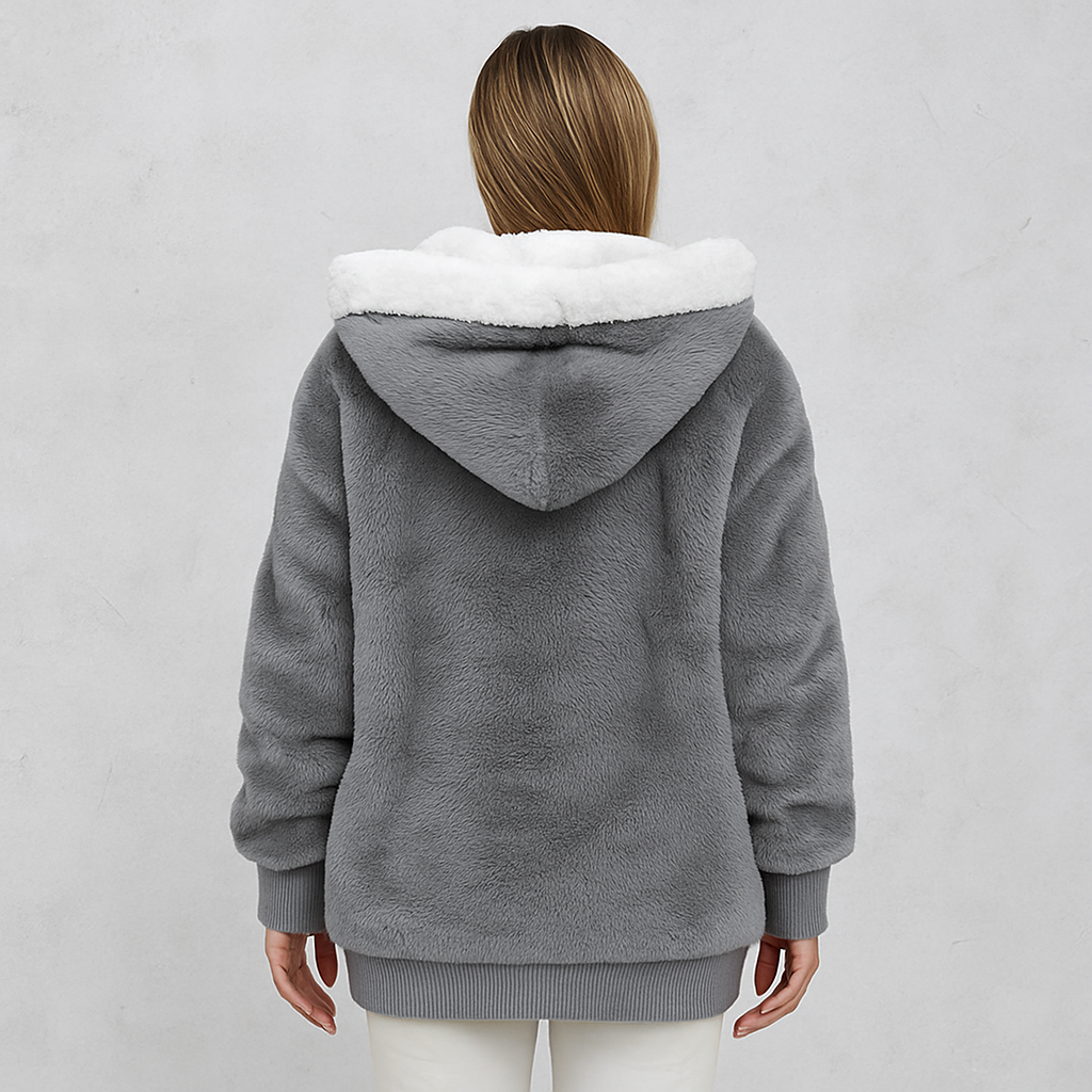 Kuschelige Damen Plüschjacke mit Kapuze und Reißverschluss | Winter