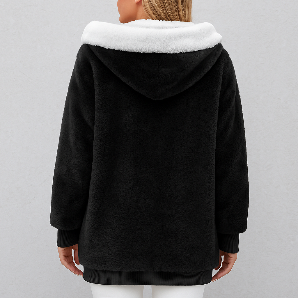 Kuschelige Damen Plüschjacke mit Kapuze und Reißverschluss | Winter