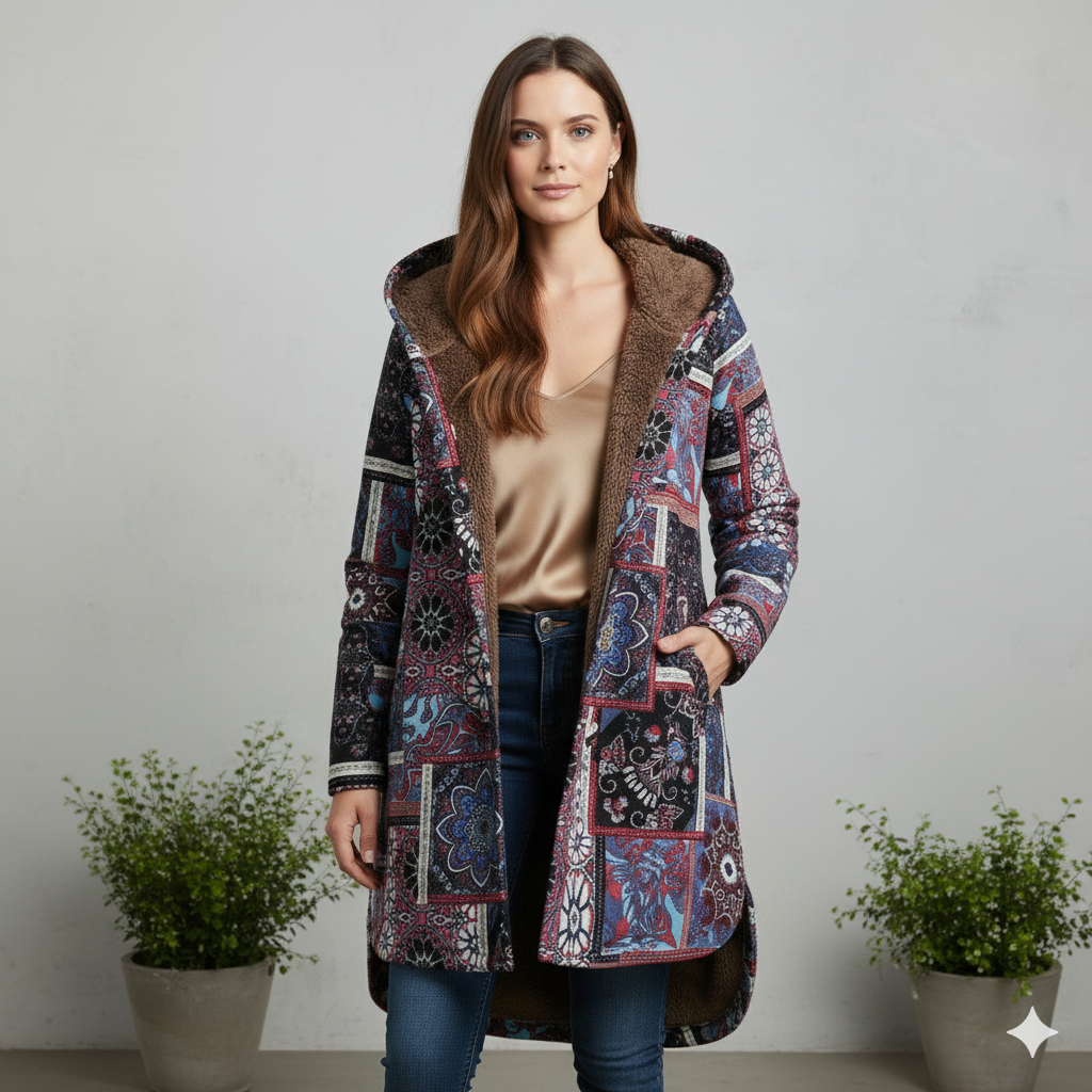 Damen Winterjacke mit Ethno Muster | Warm & Bequem | Kapuze