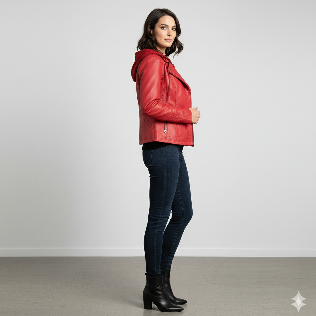 Damen Lederjacke mit Kapuze | Modern & Abnehmbar | Übergang