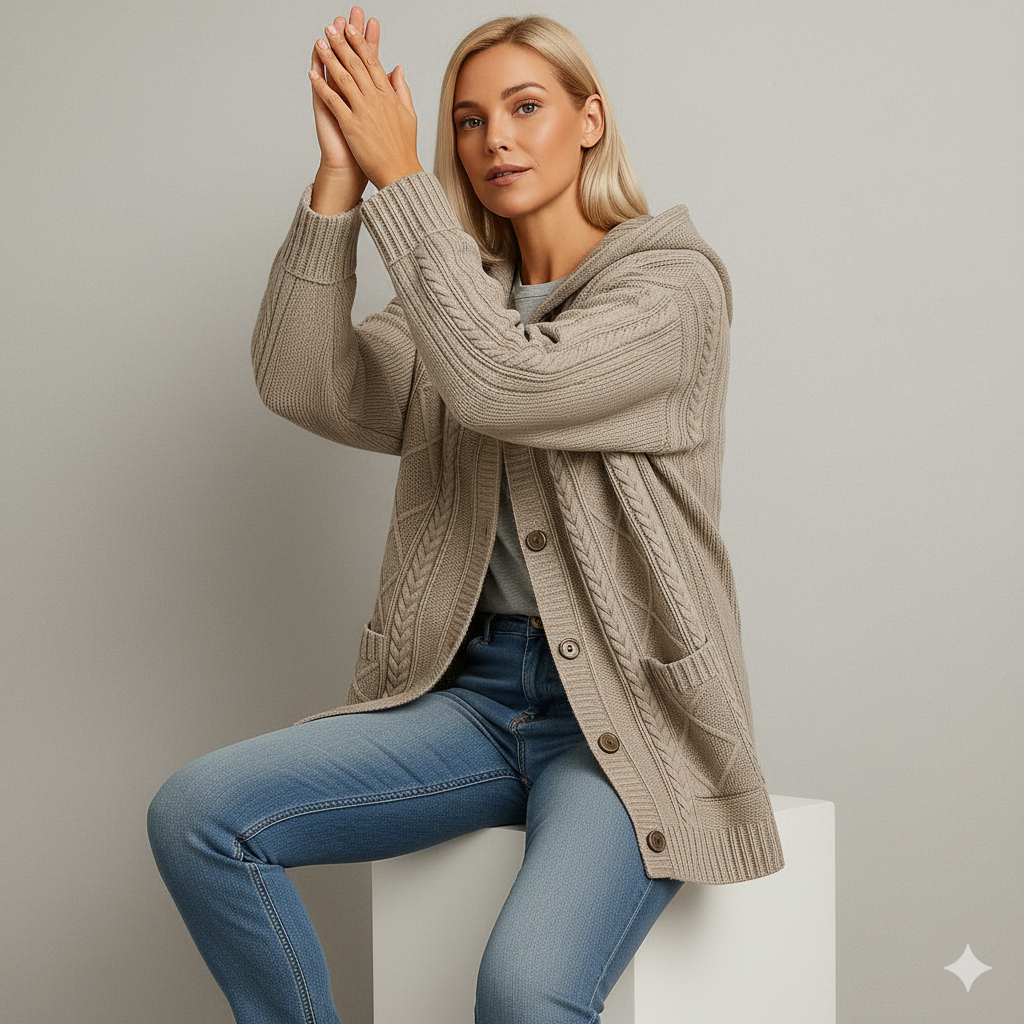 Langer Damen Strickmantel mit Kapuze | Elegant & Warm für Herbst/Winter