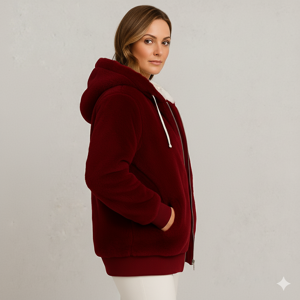 Kuschelige Damen Plüschjacke mit Kapuze und Reißverschluss | Winter