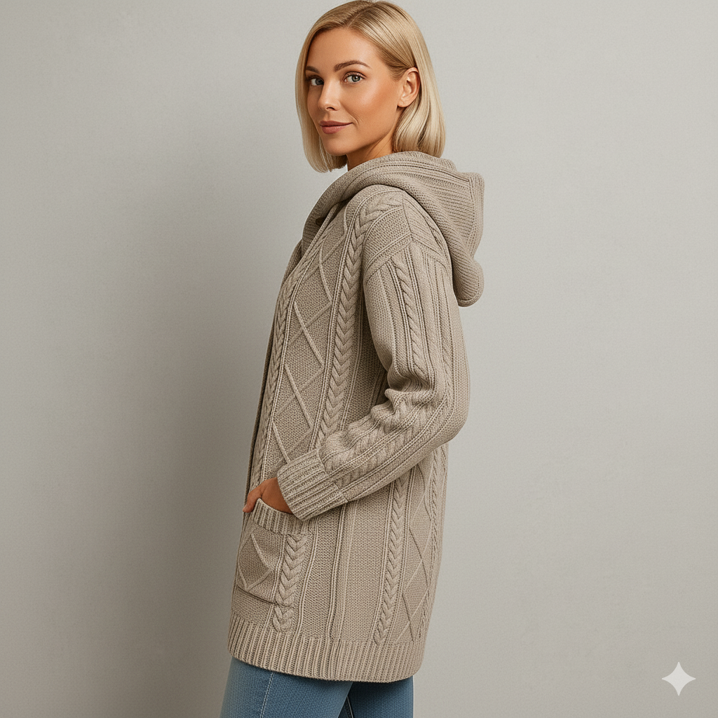 Langer Damen Strickmantel mit Kapuze | Elegant & Warm für Herbst/Winter