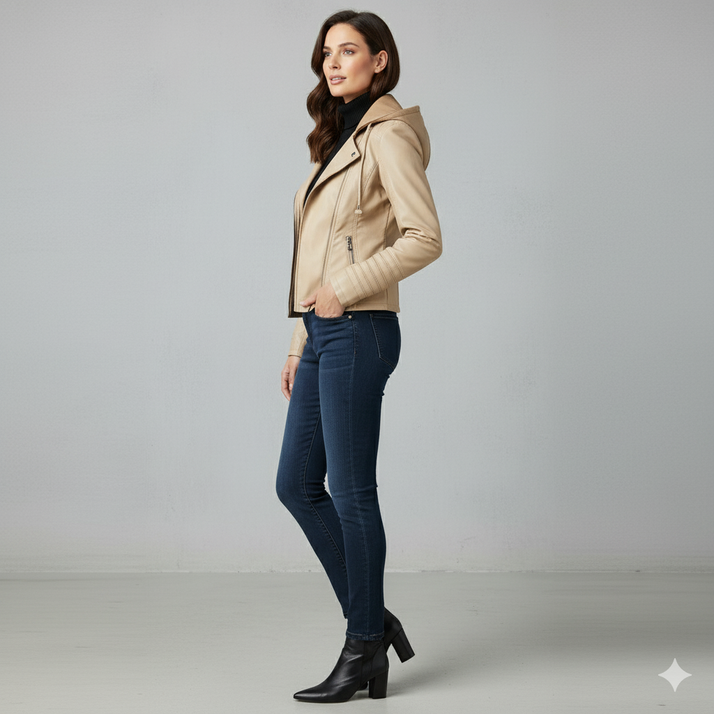 Damen Lederjacke mit Kapuze | Modern & Abnehmbar | Übergang