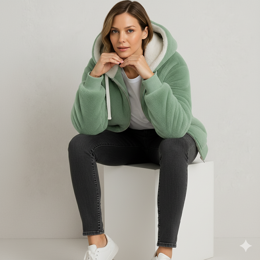 Kuschelige Damen Plüschjacke mit Kapuze und Reißverschluss | Winter