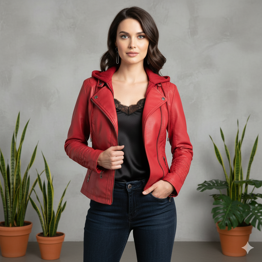 Damen Lederjacke mit Kapuze | Modern & Abnehmbar | Übergang