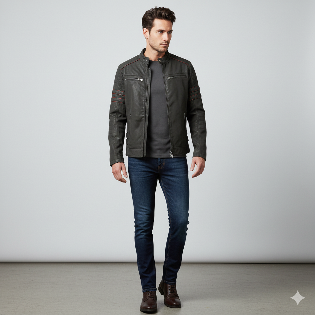 Herren Bikerjacke aus Veganleder mit Stehkragen | Herbst Winter