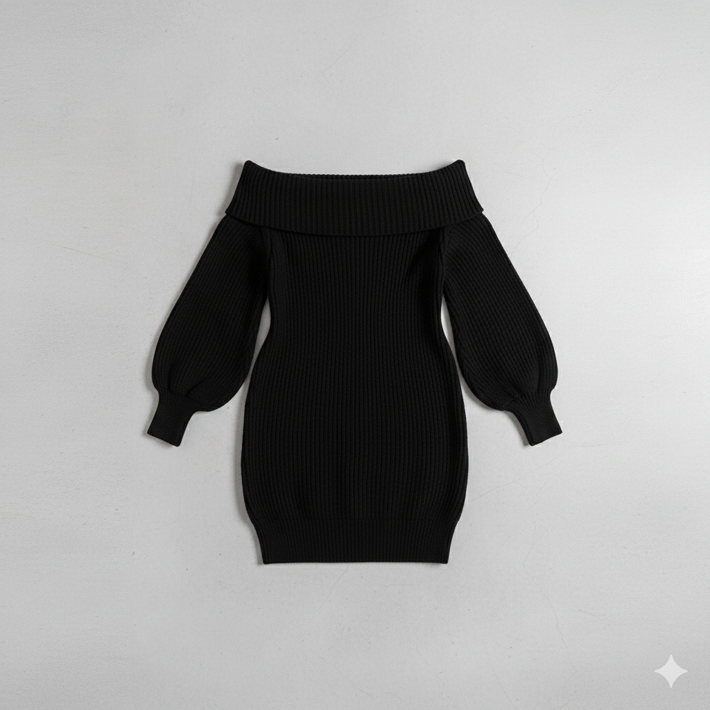Damen Strickkleid schulterfrei | Elegant & Warm für Herbst Winter