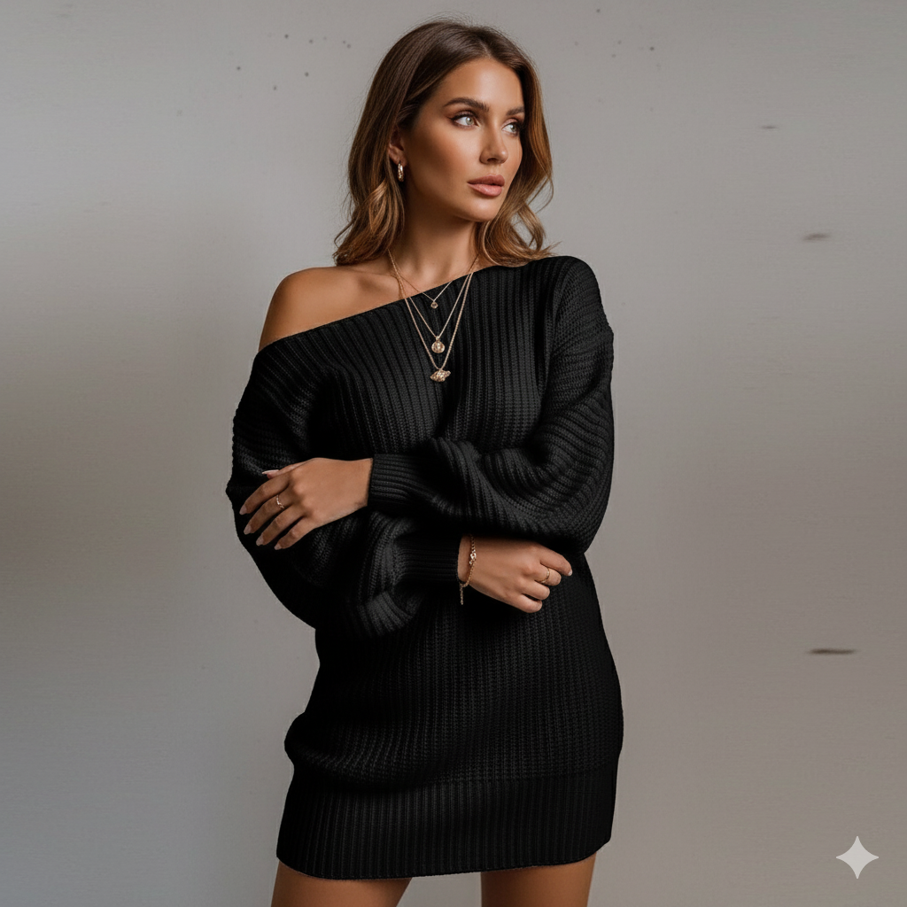 Damen Strickkleid schulterfrei | Elegant & Warm für Herbst Winter
