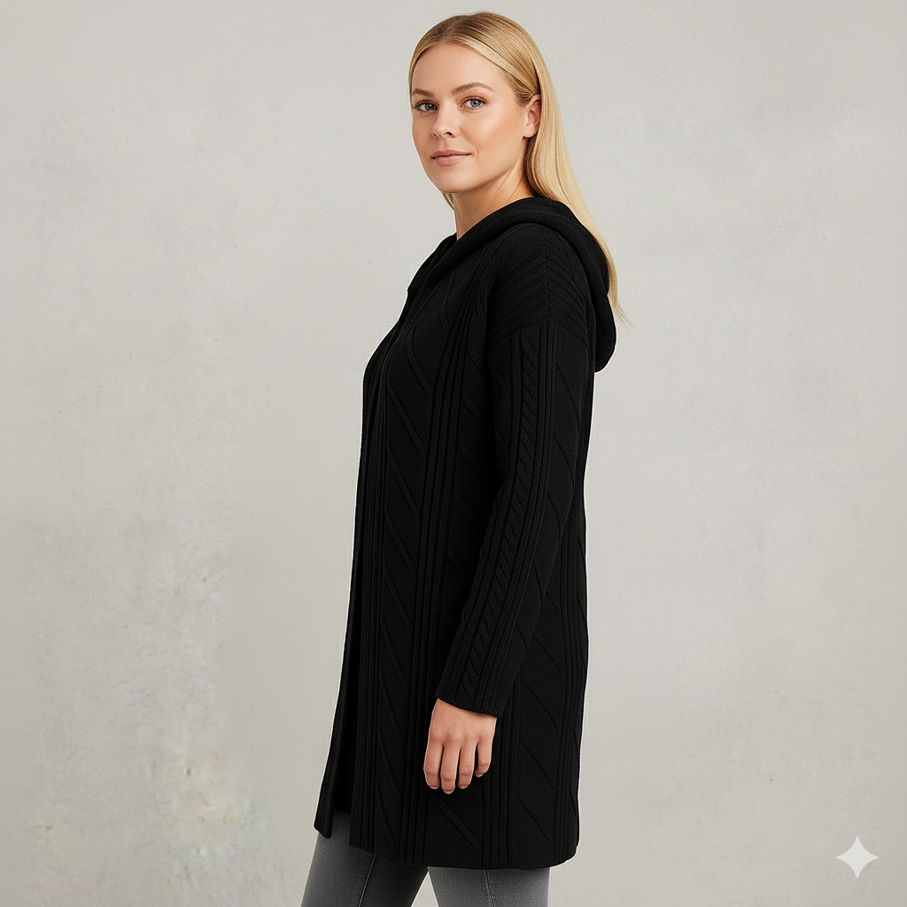 Langer Damen Strickmantel mit Kapuze | Elegant & Warm für Herbst/Winter