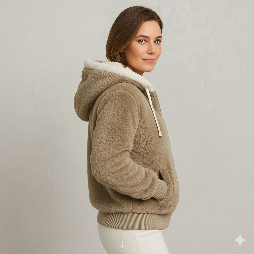 Kuschelige Damen Plüschjacke mit Kapuze und Reißverschluss | Winter