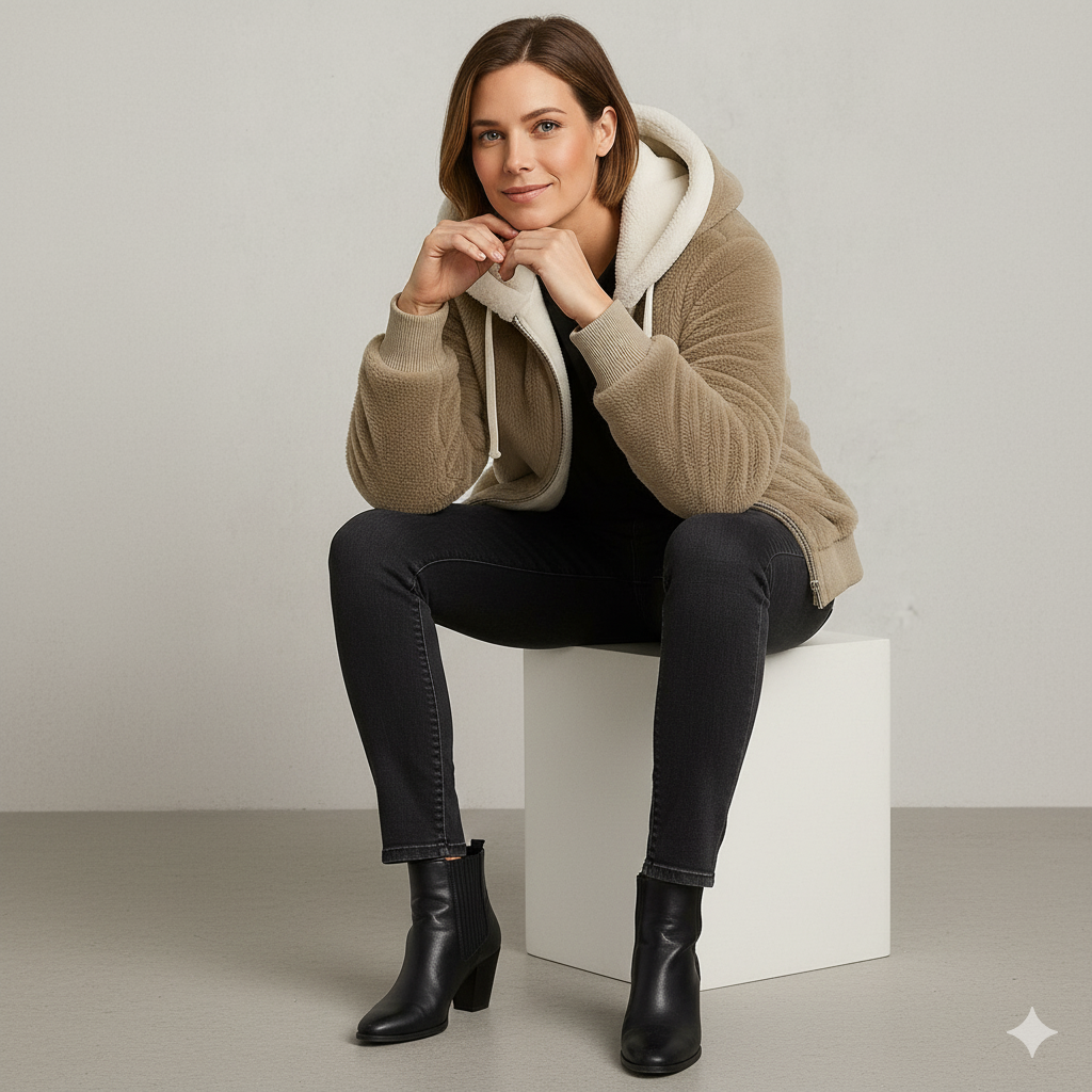 Kuschelige Damen Plüschjacke mit Kapuze und Reißverschluss | Winter