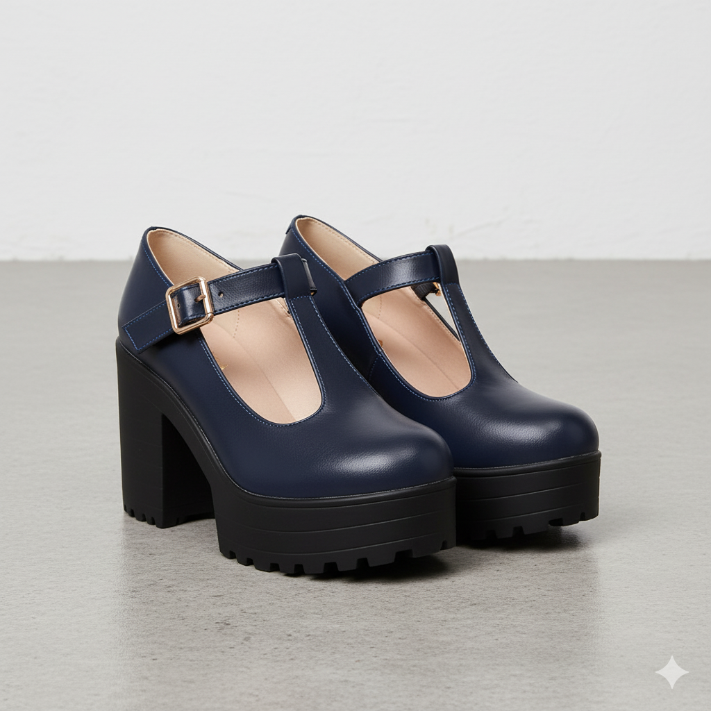 Damen T-Steg Pumps | Retro Stil mit Blockabsatz & Schnalle