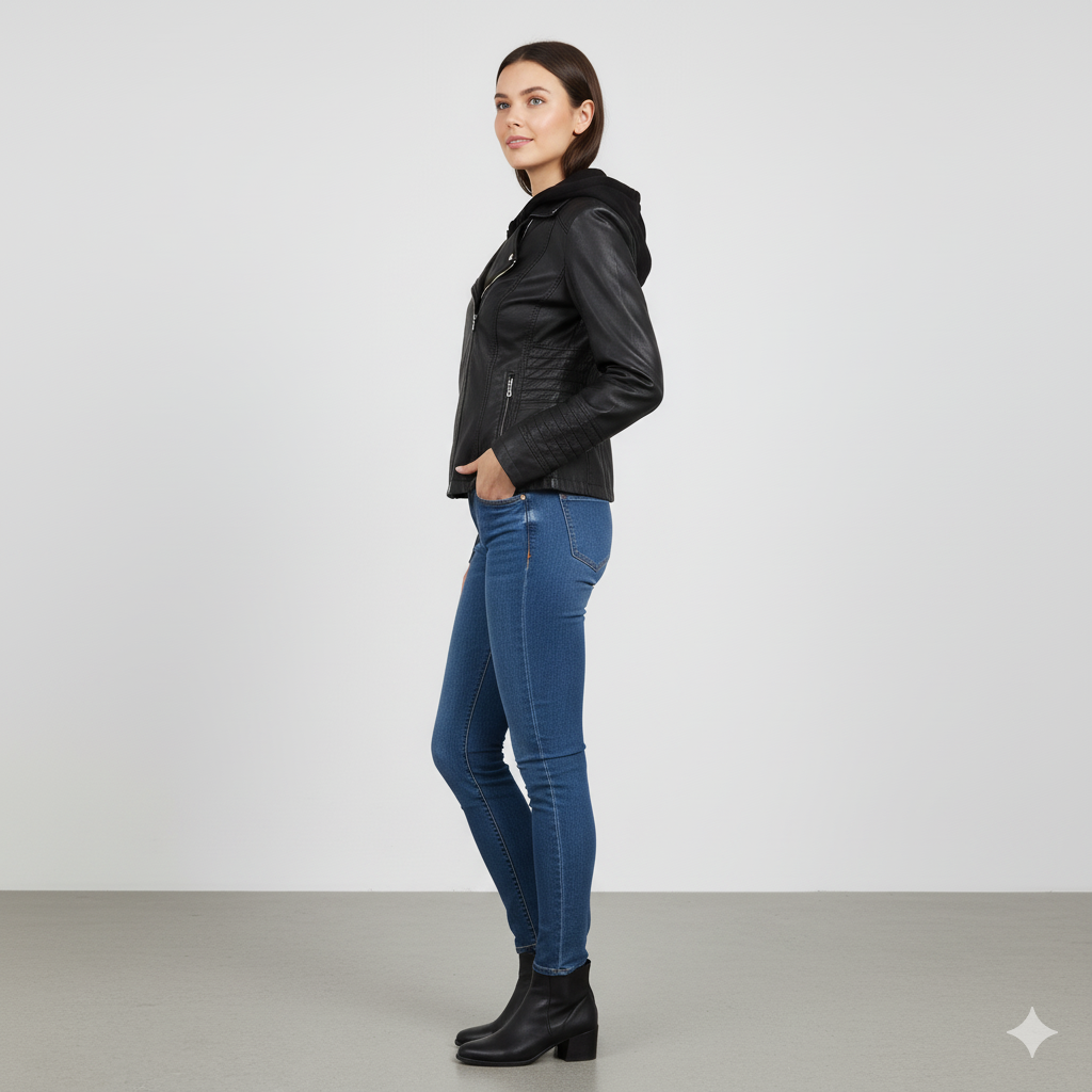 Damen Lederjacke mit Kapuze | Modern & Abnehmbar | Übergang