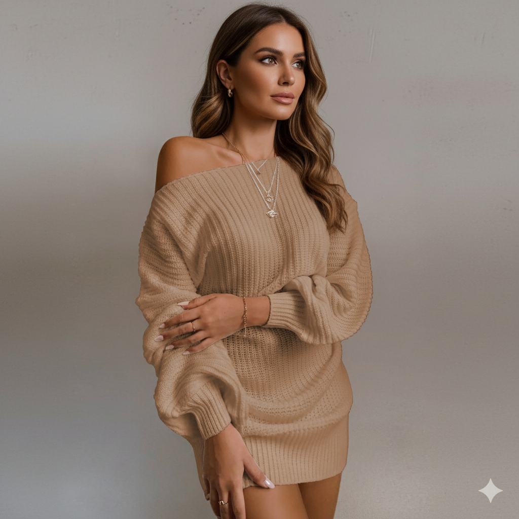 Damen Strickkleid schulterfrei | Elegant & Warm für Herbst Winter