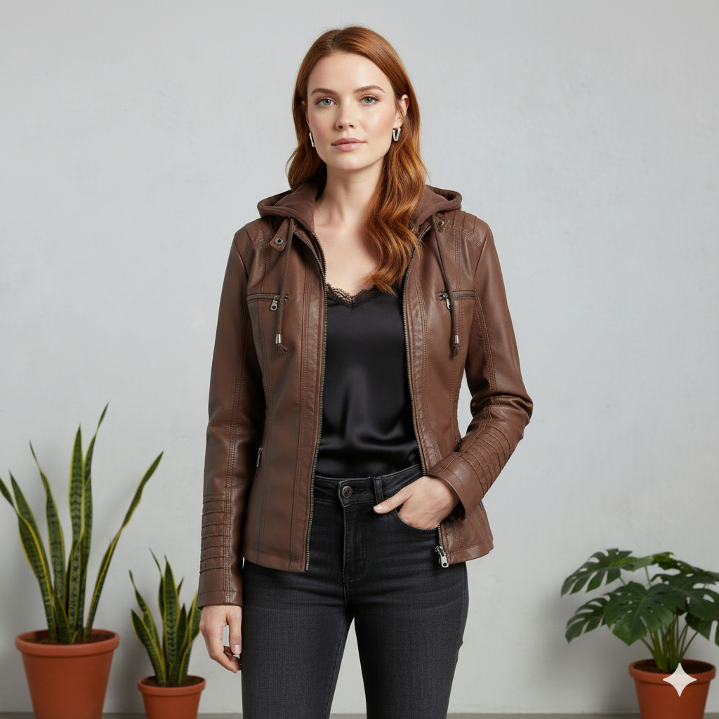 Damen Lederjacke mit Kapuze | Modern & Abnehmbar | Übergang