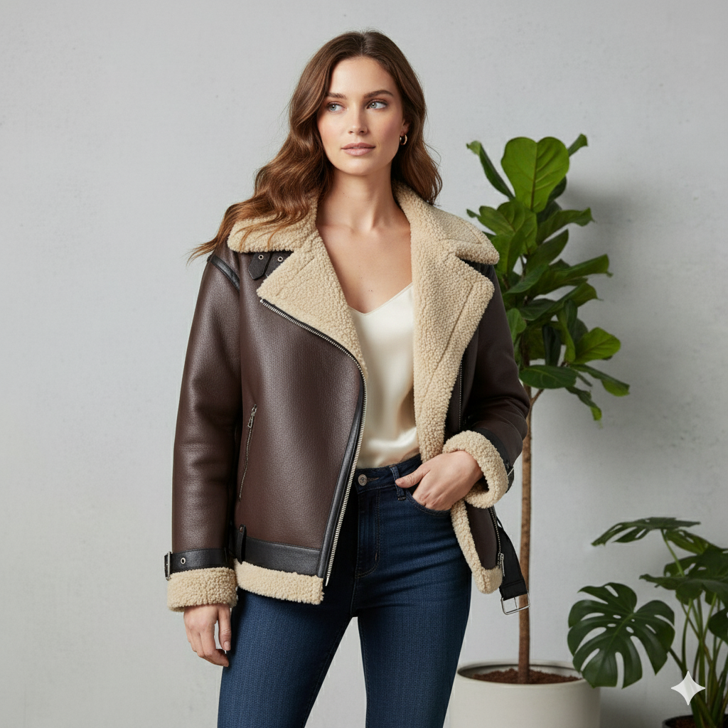 Damen Jacke mit Kunstfellkragen | Biker Style & Warm | Winter