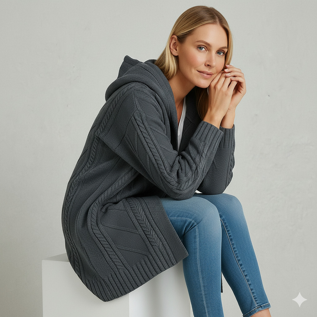 Langer Damen Strickmantel mit Kapuze | Elegant & Warm für Herbst/Winter