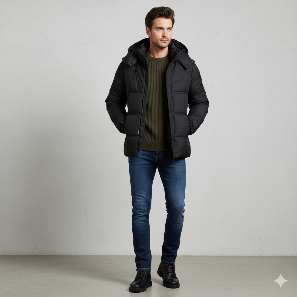 Warmer Herren Daunenmantel mit Kapuze | Winter & Freizeit