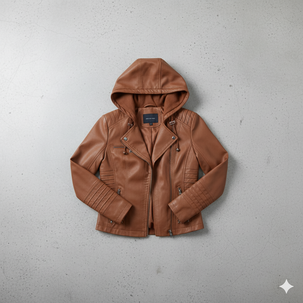 Damen Lederjacke mit Kapuze | Modern & Abnehmbar | Übergang