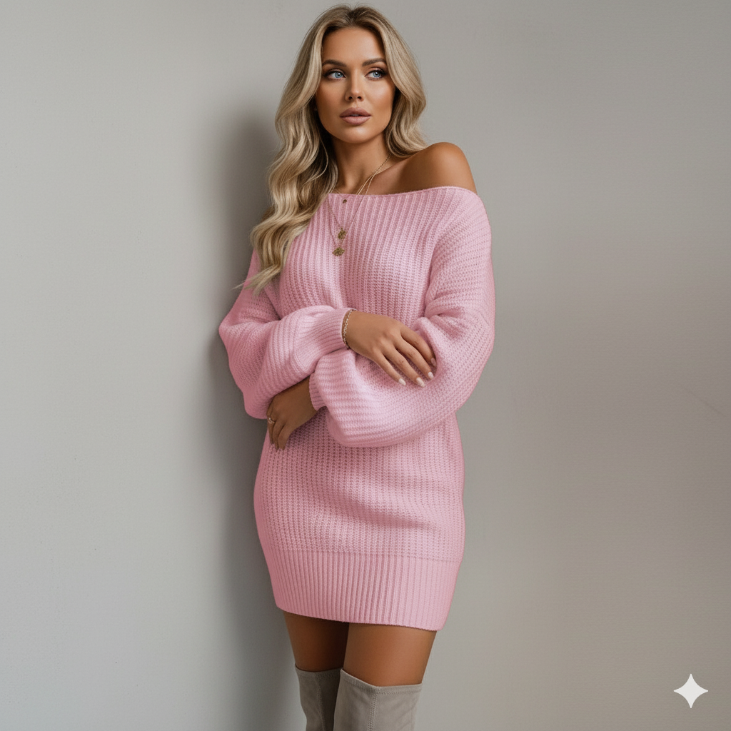 Damen Strickkleid schulterfrei | Elegant & Warm für Herbst Winter
