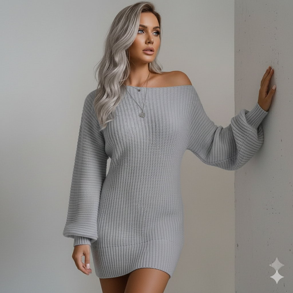 Damen Strickkleid schulterfrei | Elegant & Warm für Herbst Winter