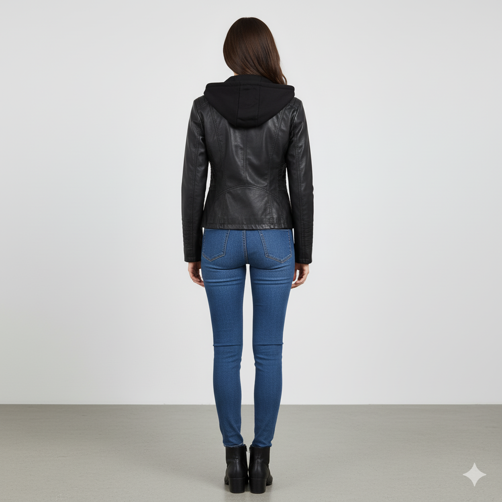 Damen Lederjacke mit Kapuze | Modern & Abnehmbar | Übergang