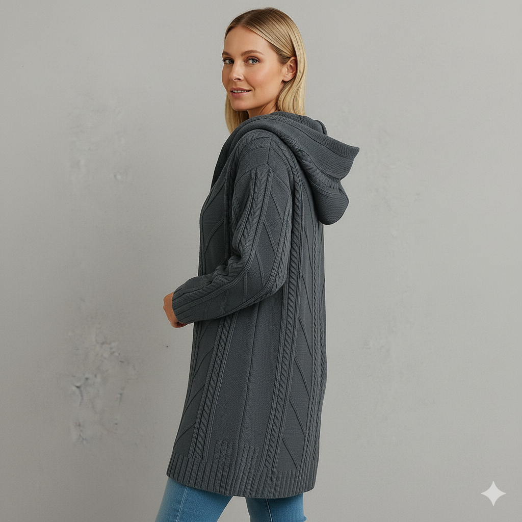 Langer Damen Strickmantel mit Kapuze | Elegant & Warm für Herbst/Winter