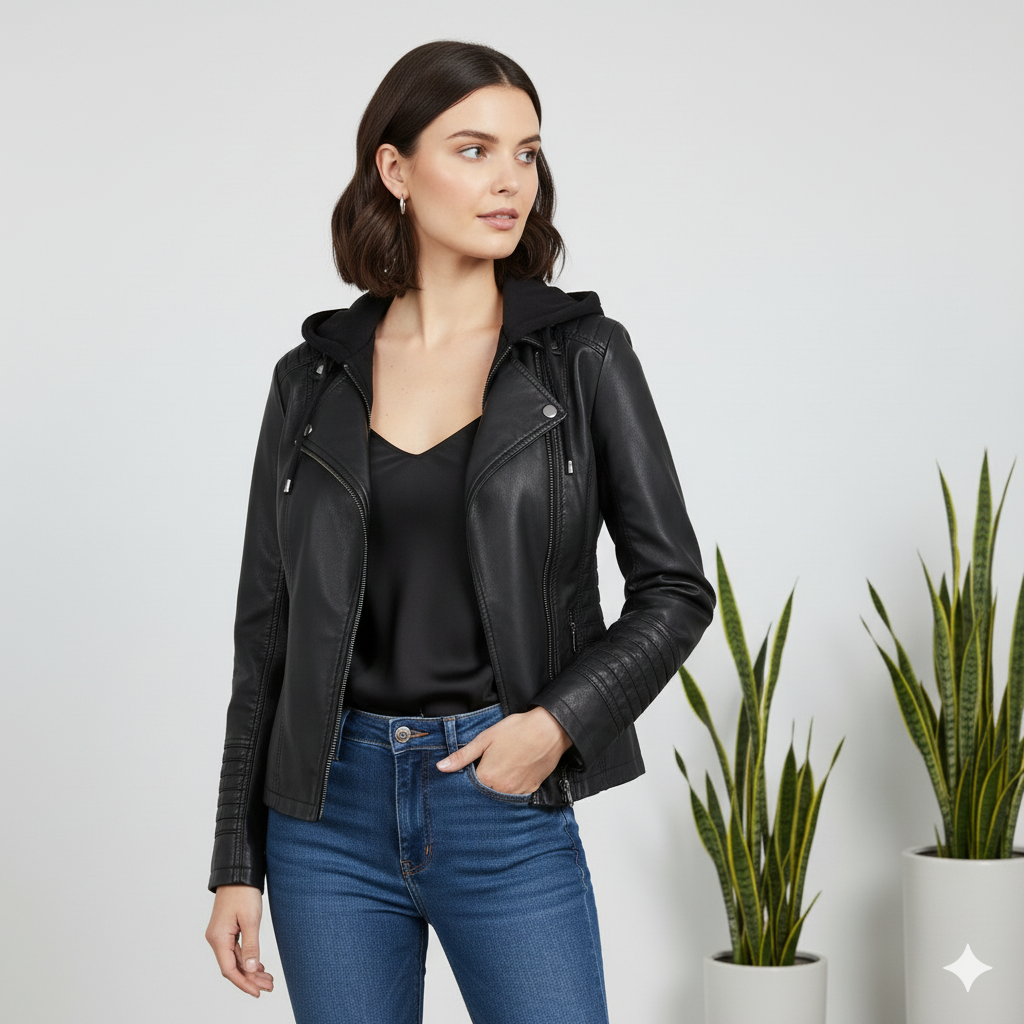 Damen Lederjacke mit Kapuze | Modern & Abnehmbar | Übergang