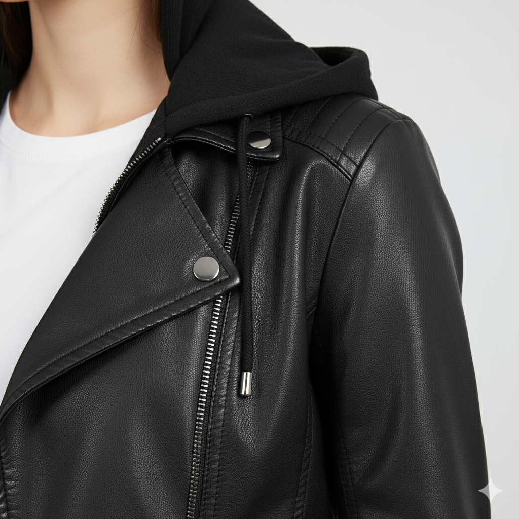 Damen Lederjacke mit Kapuze | Modern & Abnehmbar | Übergang