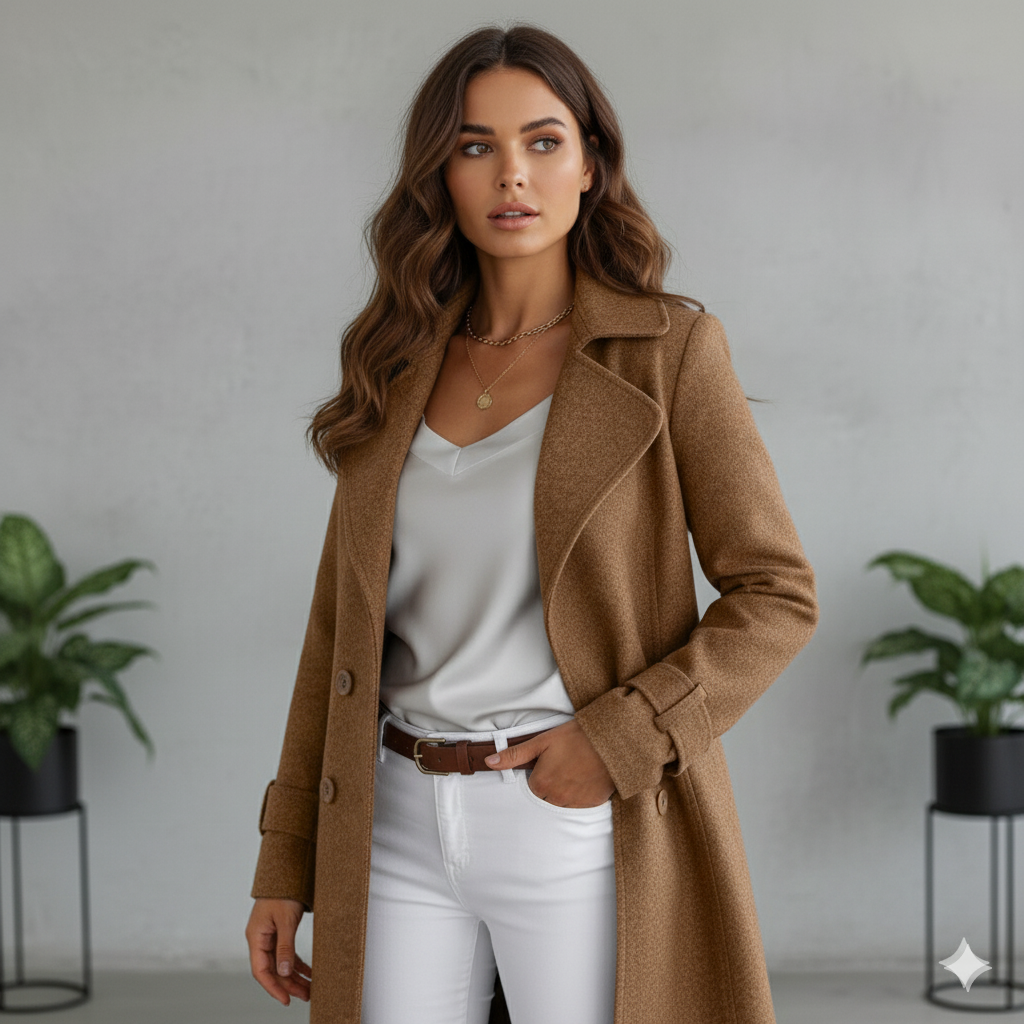Damen Wollmantel mit Reverskragen | Elegant & Mittellang | Herbst/Winter