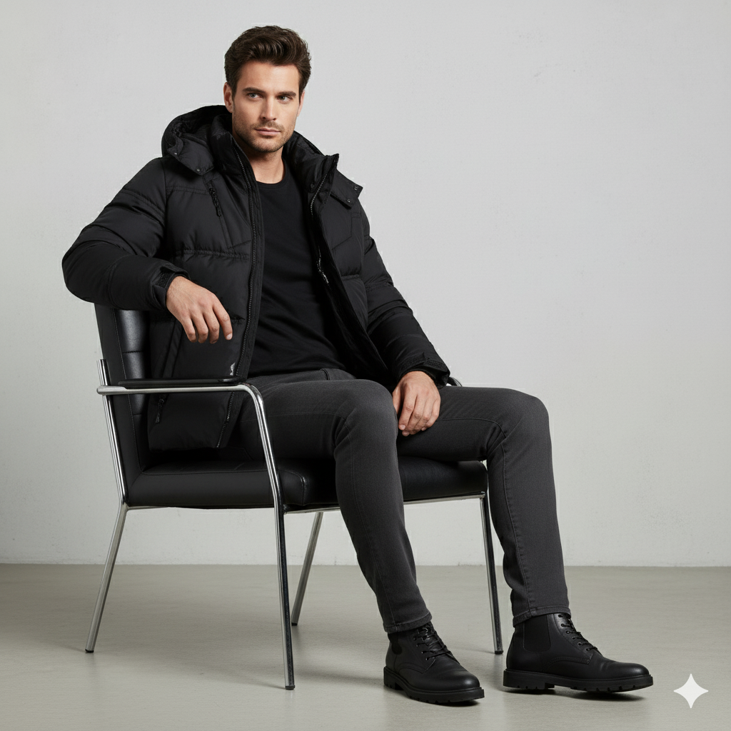 Warmer Herren Daunenmantel mit Kapuze | Winter & Freizeit