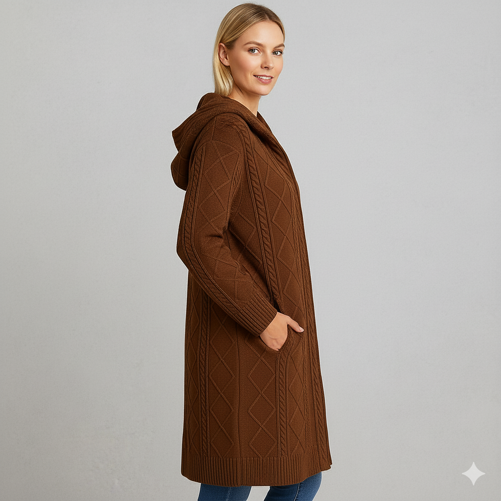 Langer Damen Strickmantel mit Kapuze | Elegant & Warm für Herbst/Winter