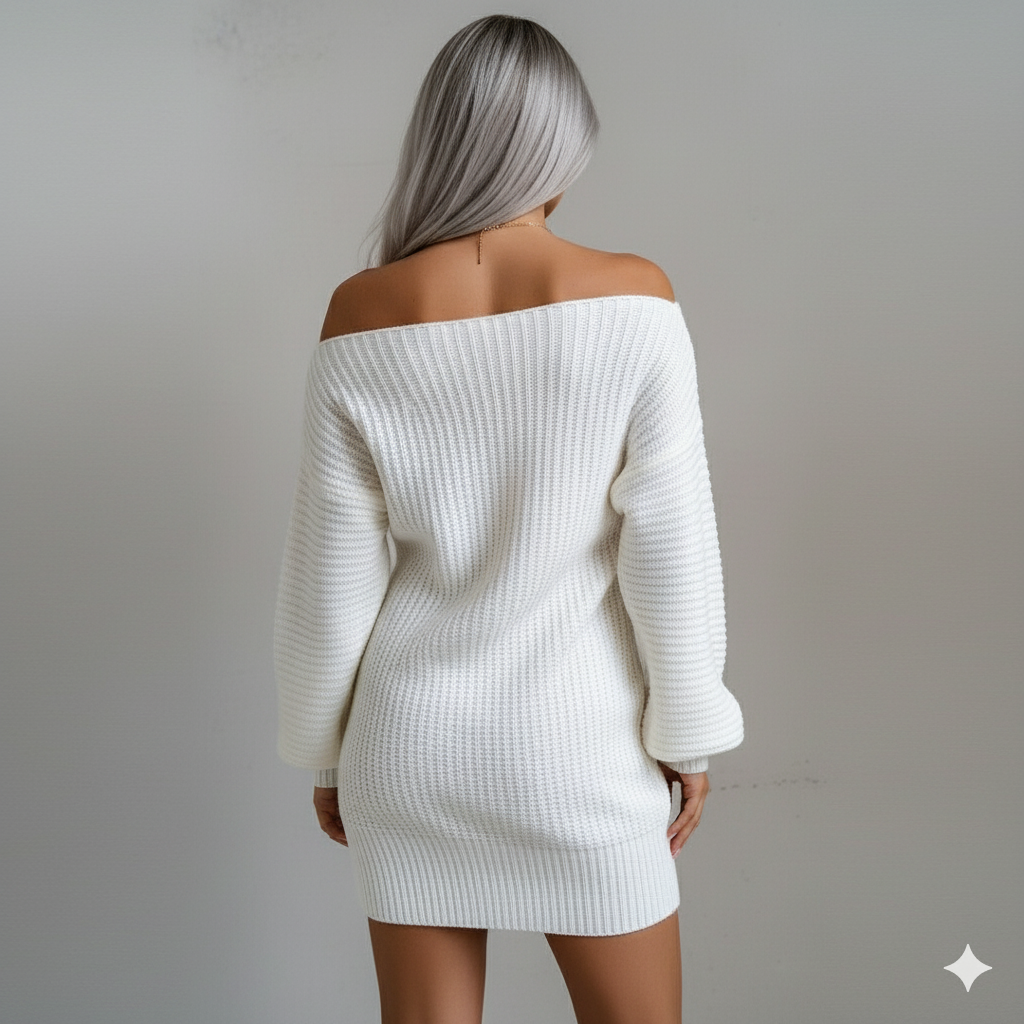Damen Strickkleid schulterfrei | Elegant & Warm für Herbst Winter
