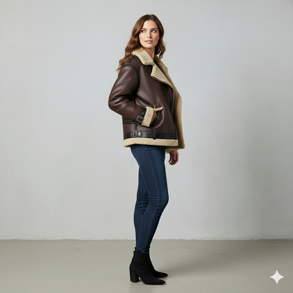 Damen Jacke mit Kunstfellkragen | Biker Style & Warm | Winter