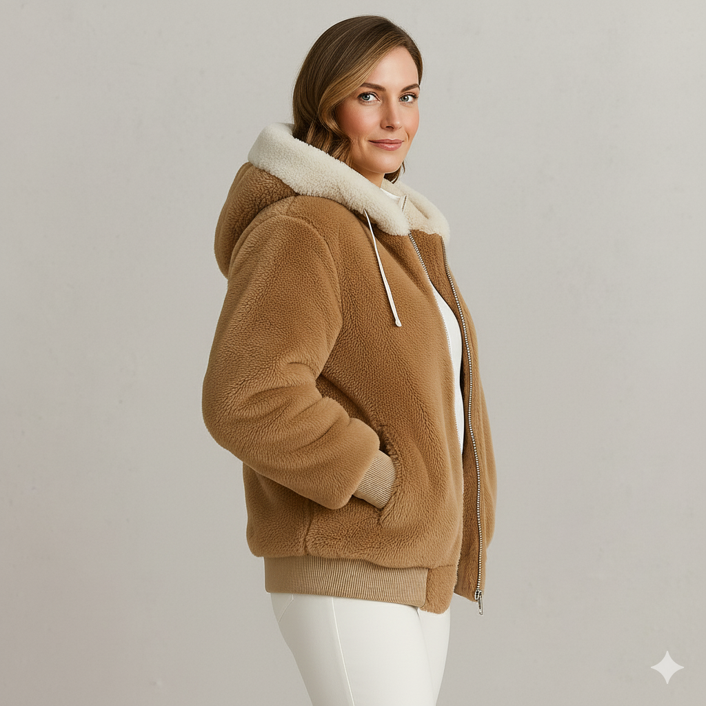 Kuschelige Damen Plüschjacke mit Kapuze und Reißverschluss | Winter