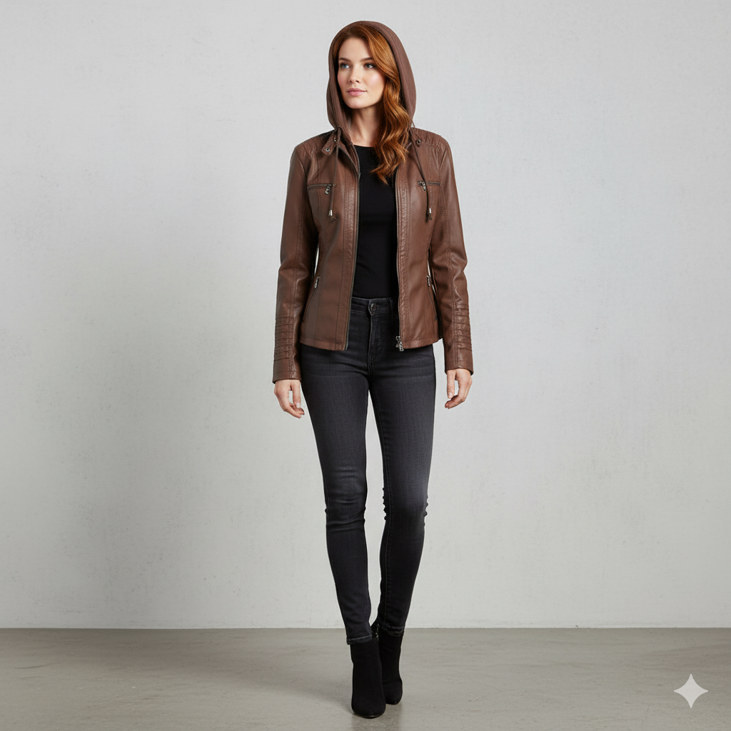Damen Lederjacke mit Kapuze | Modern & Abnehmbar | Übergang