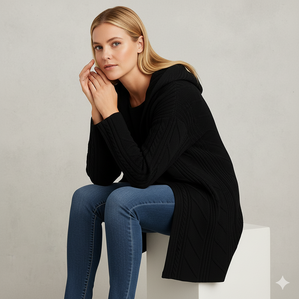 Langer Damen Strickmantel mit Kapuze | Elegant & Warm für Herbst/Winter