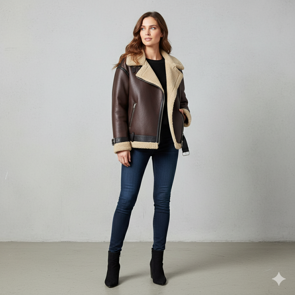 Damen Jacke mit Kunstfellkragen | Biker Style & Warm | Winter